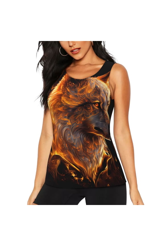 Gold Flame Pattern Wolf for Women's Workout Tank Top Sleeveless Workout Tops Athletic Gym Shirts-Small