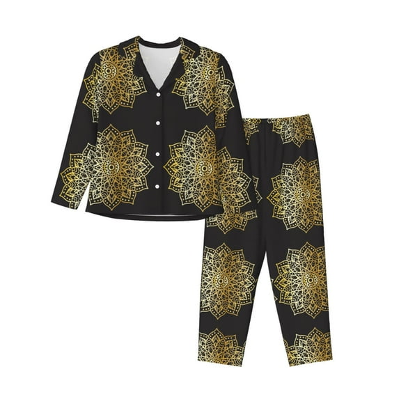 Hirioo Gold Mandala for Women's Pajama Sets 2 Piece Pjs Women's Long-Sleeved Pajama Set Button Down Sleepwear,S-XXL-