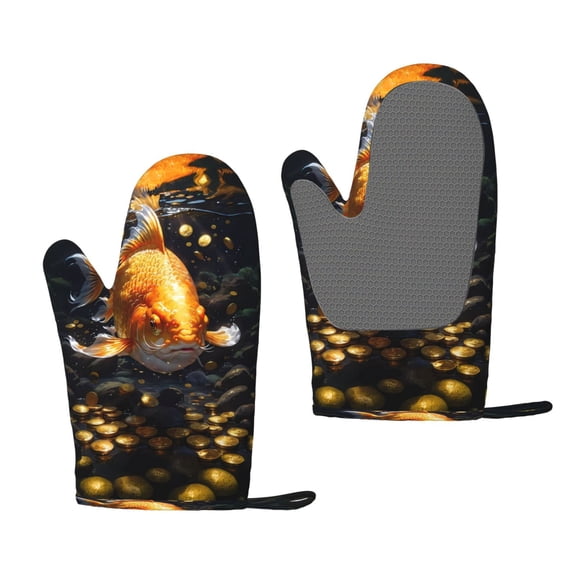 Hirioo Golden Koi And Treasure for Silicone Oven Mitts for BBQ, Baking, Cooking, Set of 2, Heat Resistant 260, Non-Slip Kitchen Essentials