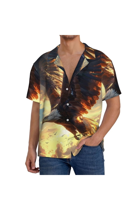 Golden Sky Bald Eagle for Men's Cuban Collar Short Sleeve Shirt Button Down Shirt Beach Summer Shirts Wedding Vacation Shirts-4X-Large