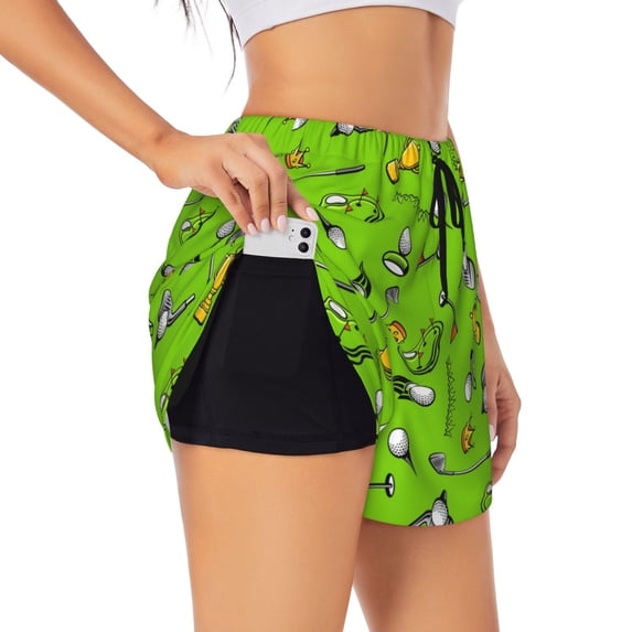 Hirioo Golf Sport Club for Women's Double Layer Athletic Shorts High-Performance Gym Shorts with Inner Pocket, Elastic Waistband-Medium