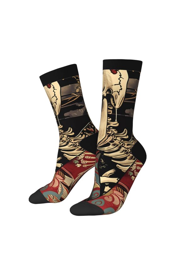 Gothic Eastern Floral Skull Pattern Adult Middle Tube Socks Breathable Sock Non-Pilling,Contrasting Color Design