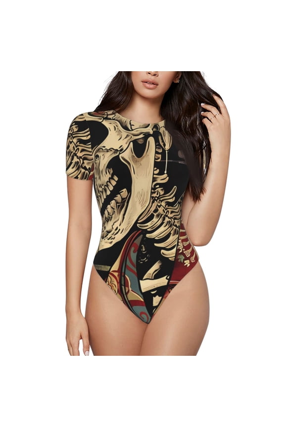 Gothic Eastern Floral Skull for Women's Round Neck Short-sleeved Onesie Basic Bodysuits-Large