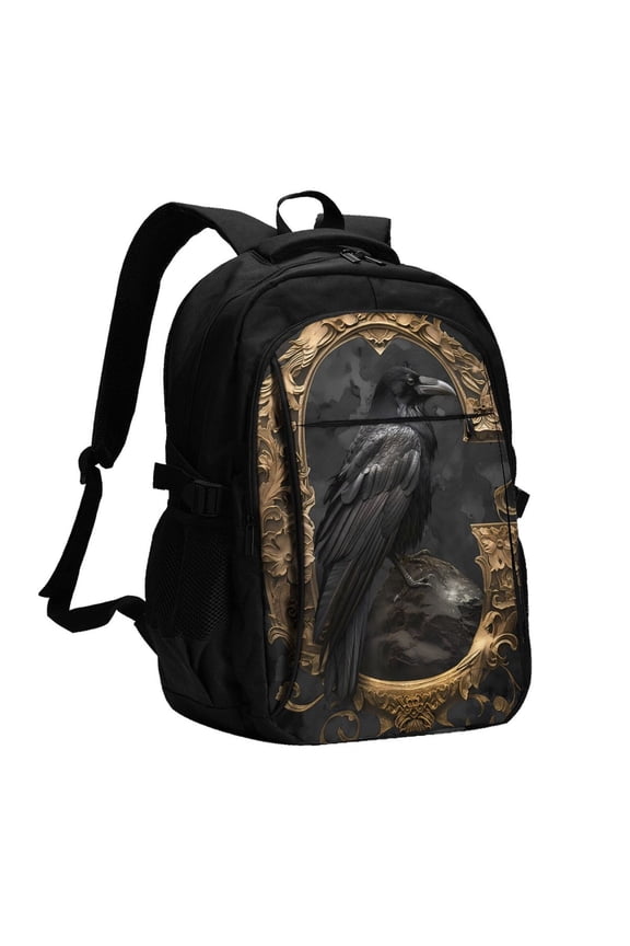 Gothic Raven Portrait for Travel Laptop Backpack with USB Charging Port for Men and Women