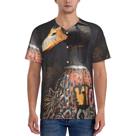 Hirioo Graffiti Cool Duck for Men's Baseball T-shirt Shirts Short Sleeve Casual Summer Button Stretch T Shirts,Size S-4XL-Medium