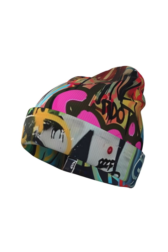 Graffiti Lamp Urban Scene for Men's Knit Cuffed Beanie for Outdoor Activities Unisex