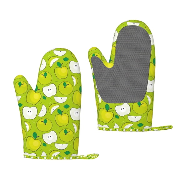 Hirioo Green Apple for Silicone Oven Mitts for BBQ, Baking, Cooking, Set of 2, Heat Resistant 260, Non-Slip Kitchen Essentials