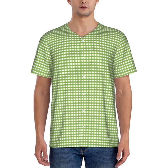 Hirioo Green Gingham for Men's Baseball T-shirt Shirts Short Sleeve Casual Summer Button Stretch T Shirts,Size S-4XL-X-Large