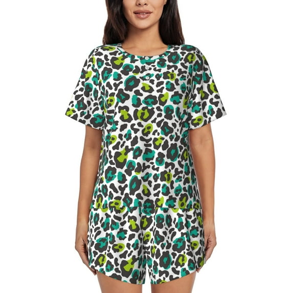 Hirioo Green Leopard for Women's 2 Piece Short-Sleeved Pajama PJ Sets for Women Shorts with Pockets Womens Lounge Set-XX-Large