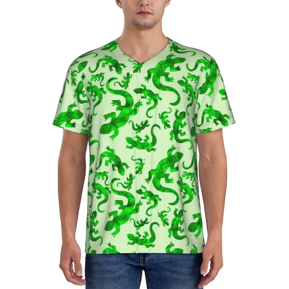Hirioo Green Lizard for Men's Baseball T-shirt Shirts Short Sleeve Casual Summer Button Stretch T Shirts,Size S-4XL-3X-Large