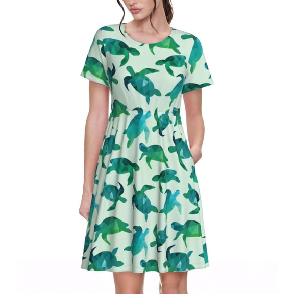 Hirioo Green Sea Turtle for Short Sleeve Dress Women's Short Sleeve Dress with Pockets