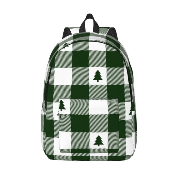 Hirioo Green White Lumberjack Plaid Canvas Backpack, Durable Travel Backpack with Multiple Compartments,Large Capacity, Backpack for School, Hiking, Work