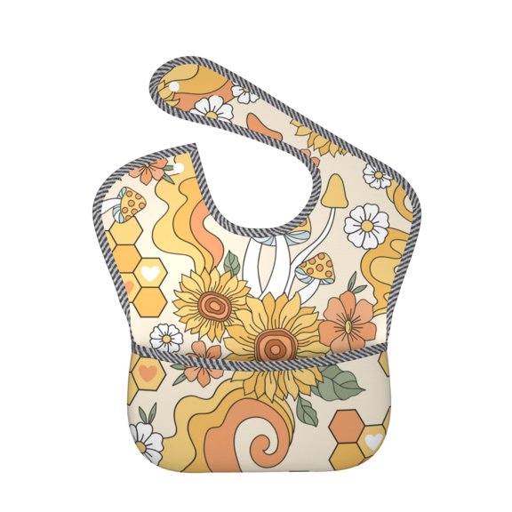Hirioo Groovy Hippie Flower Mushrooms for Baby Waterproof Pocket Bib Adjustable Closed for Babies Toddlers with Large Pocket 6-24Months