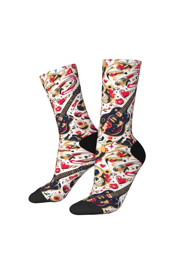 Guitar Skull rock Pattern Adult Middle Tube Socks Breathable Sock Non-Pilling,Contrasting Color Design