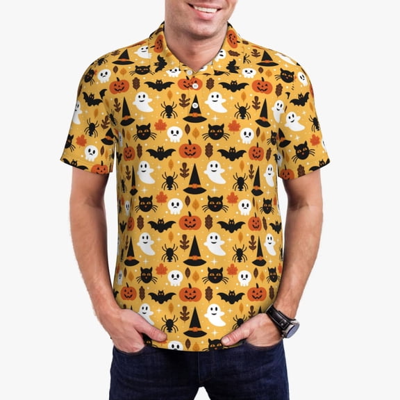 Hirioo Halloween Ghost Pumpkin for Men’s Polo Shirts Quick Dry Short Sleeve Golf T Shirt Performance Moisture Wicking Casual Workout,Sizes S-4XL-4X-Large
