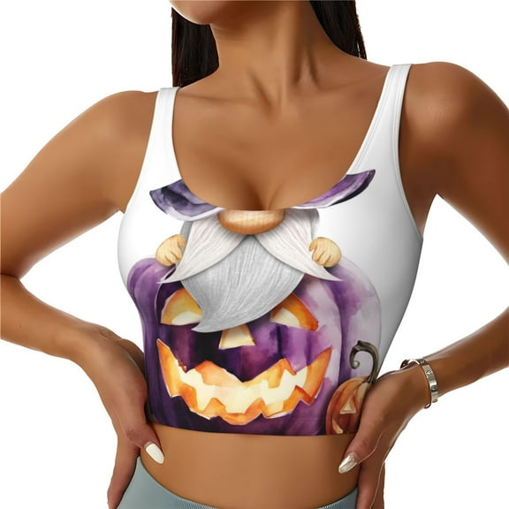 Hirioo Halloween Gnome With Pumpkins for Women's Sports Vest with Full-Print Design, Stretchy Fabric and Removable Pads-Small