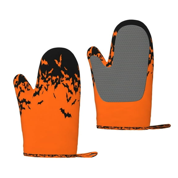 Hirioo Halloween With Black Bats for Silicone Oven Mitts for BBQ, Baking, Cooking, Set of 2, Heat Resistant 260, Non-Slip Kitchen Essentials