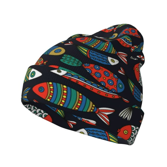 Hirioo Hand Drawn Colorful Fishes for Men's Knit Cuffed Beanie for Outdoor Activities Unisex