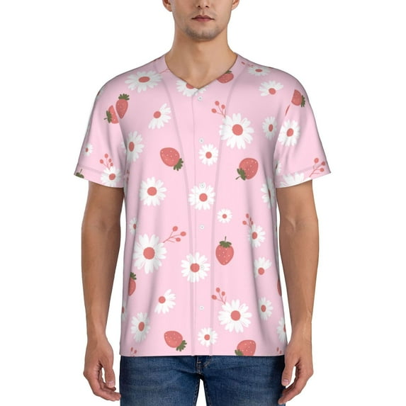 Hirioo Hand Drawn Strawberry for Men's Baseball T-shirt Shirts Short Sleeve Casual Summer Button Stretch T Shirts,Size S-4XL-XX-Large