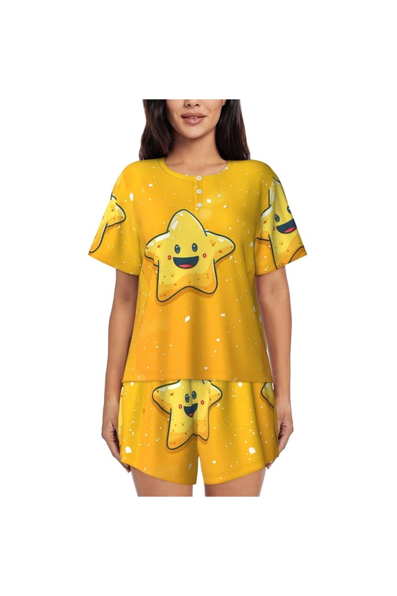 Happy Cartoon Star for Women's 2 Piece Short-Sleeved Pajama PJ Sets for Women Shorts with Pockets Womens Lounge Set-Large
