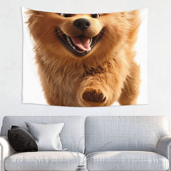 Hirioo Happy Fluffy Running Dog Print Tapestry Lightweight Fabric for Bedroom Aesthetic Home Wall Dorm Décor Living Room Decor 29x37 Inch