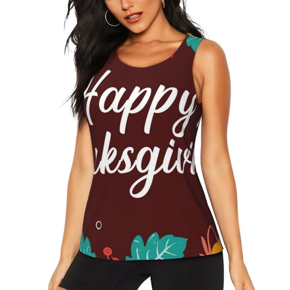 Hirioo Happy Thanksgiving for Women's Workout Tank Top Sleeveless Workout Tops Athletic Gym Shirts-XX-Large