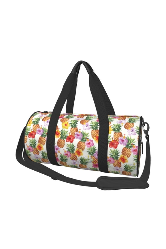 Hawaiian Pineapples And Hibiscus Flowers for Round Large Capacity Travel Luggage Bag Weekend Getaway Bag for Gym Beach Swim Bag Men Women
