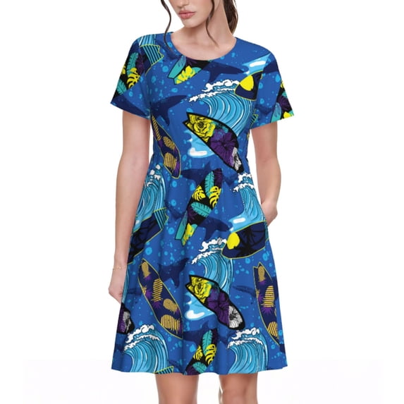 Hirioo Hawaiian Style for Short Sleeve Dress Women's Short Sleeve Dress with Pockets