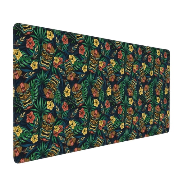 Hirioo Hawaiian Tribal Mask for Mouse Pad ,Anti-Slip Base, Durable Stitched Edges, Perfect for Gaming, Office, and Home Use,16x35.5in