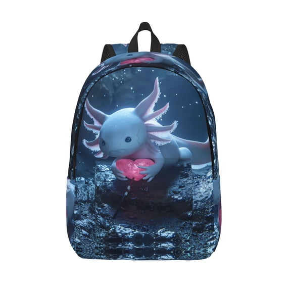 Hirioo Heart Axolotl Canvas Backpack, Durable Travel Backpack with Multiple Compartments,Large Capacity, Backpack for School, Hiking, Work