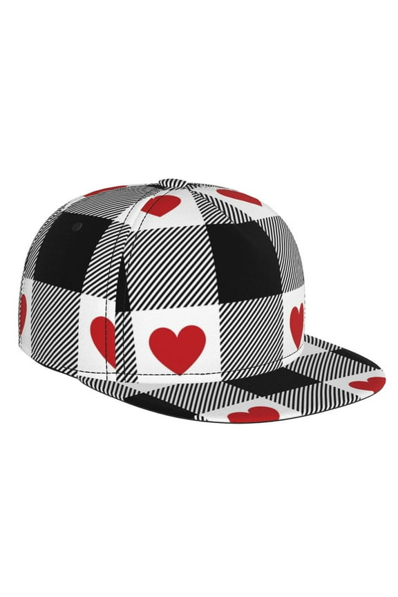 Heart Black Buffalo Plaid Gingham for Baseball Cap Men Cap Flat Brim for Men Women Teens Adjustable Baseball Cap