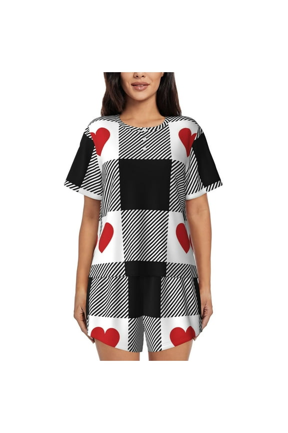 Heart Black Buffalo Plaid Gingham for Women's 2 Piece Short-Sleeved Pajama PJ Sets for Women Shorts with Pockets Womens Lounge Set-Large