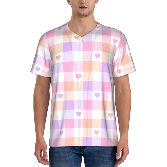 Hirioo Heart Buffalo Plaid for Men's Baseball T-shirt Shirts Short Sleeve Casual Summer Button Stretch T Shirts,Size S-4XL-XX-Large