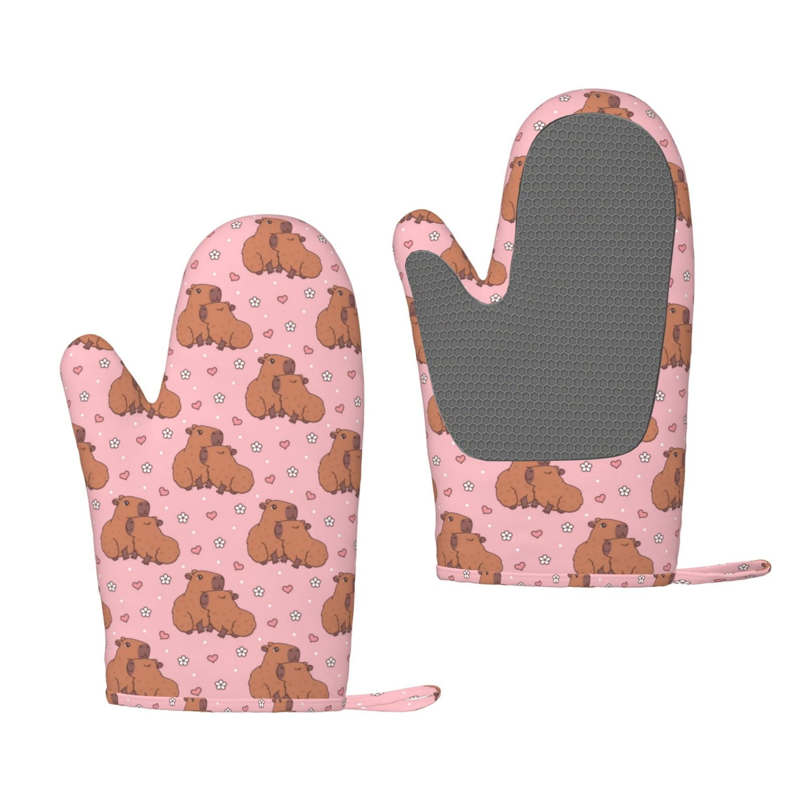 Hirioo Heart Capybara for Silicone Oven Mitts for BBQ, Baking, Cooking, Set of 2, Heat Resistant 260℃, Non-Slip Kitchen Essentials