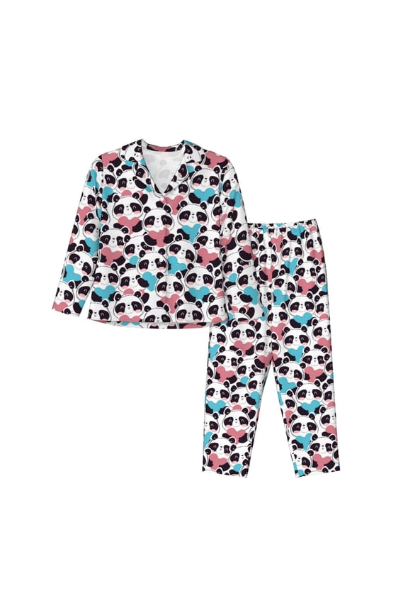 Heart Panda for Women's Pajama Sets 2 Piece Pjs Women's Long-Sleeved Pajama Set Button Down Sleepwear,S-XXL-Large