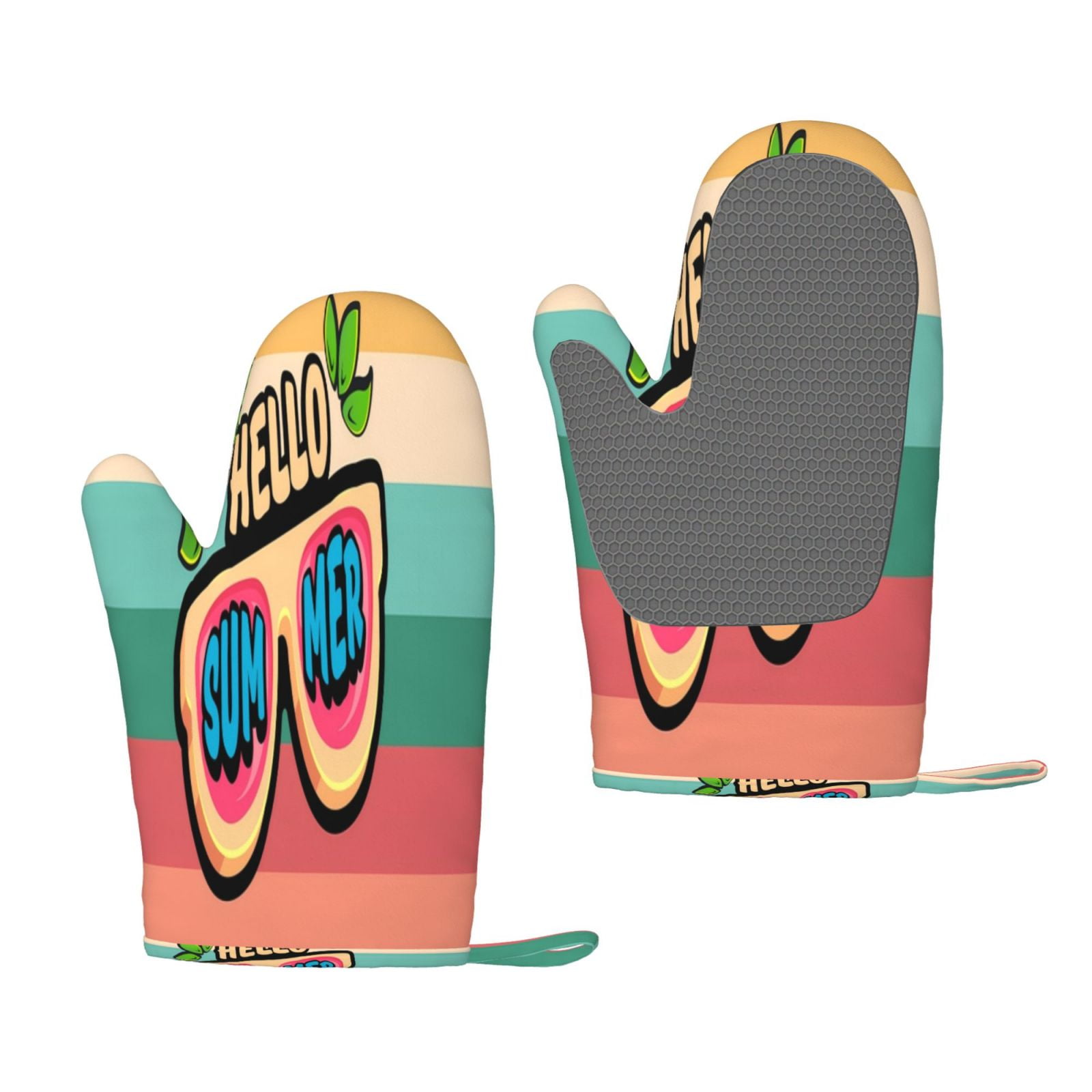 Hirioo Hello Summer for Silicone Oven Mitts for BBQ, Baking, Cooking, Set of 2, Heat Resistant 260℃, Non-Slip Kitchen Essentials