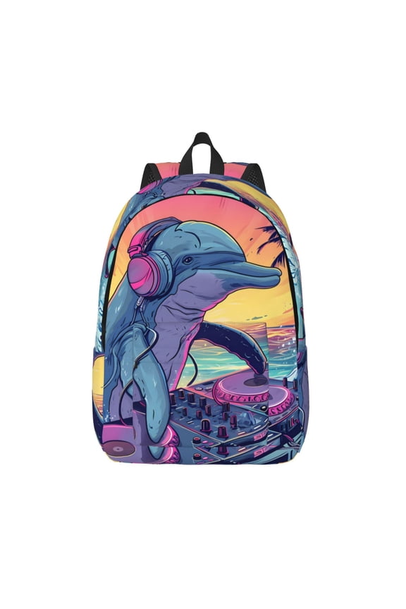 Hip-Hop DJ Dolphin Canvas Backpack, Durable Travel Backpack with Multiple Compartments,Large Capacity, Backpack for School, Hiking, Work