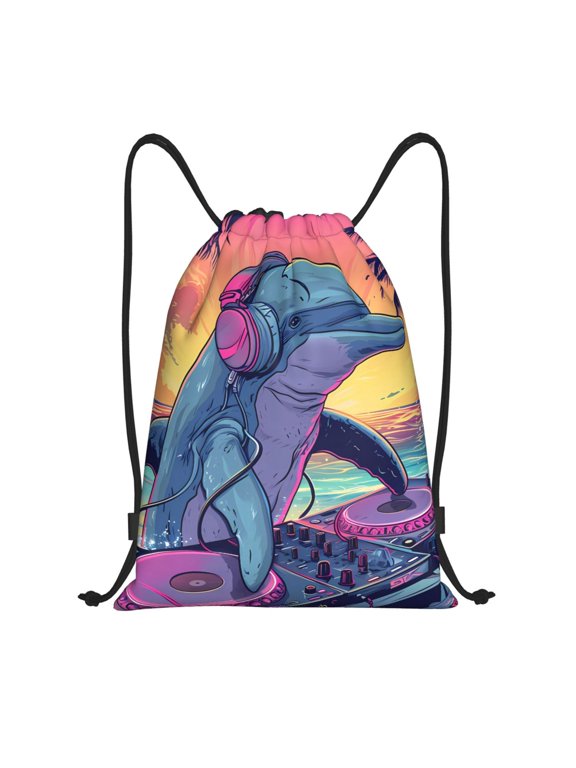 Hip-Hop DJ Dolphin Print Drawstring Backpack Bag Sport Versatile Sports Backpack for Gym, Travel, Swimming, Beach
