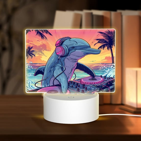 Hirioo Hip-Hop DJ Dolphin for Rectangular Acrylic with Night Light Best Gifts for Lover Girl Mom, Valentine's Day Anniversary Birthday Wedding Present