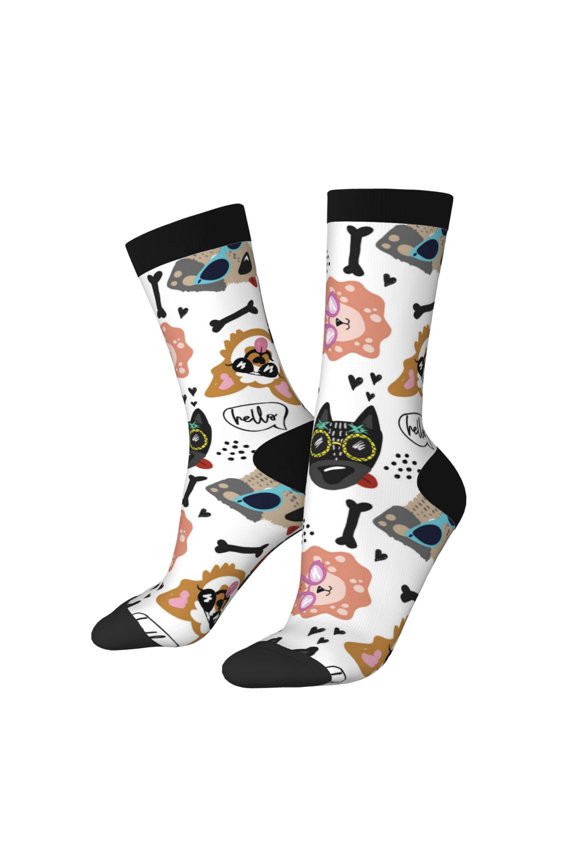 Hip Hop Dog Pattern Adult Middle Tube Socks Breathable Sock Non-Pilling,Contrasting Color Design