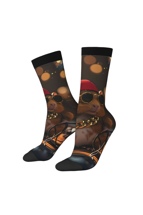 Hip-Hop Guinea Pig. Pattern Adult Middle Tube Socks Breathable Sock Non-Pilling,Contrasting Color Design