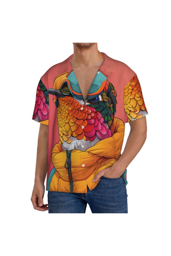 Hip Hummingbird In Jacket for Men's Cuban Collar Short Sleeve Shirt Button Down Shirt Beach Summer Shirts Wedding Vacation Shirts-Medium