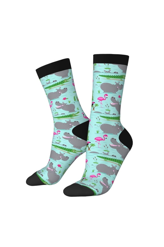 Hippo With Flamingos And Crocodiles Pattern Adult Middle Tube Socks Breathable Sock Non-Pilling,Contrasting Color Design