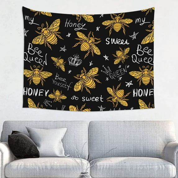 Hirioo Hohey Bee Golden Embroidery Print Tapestry Lightweight Fabric for Bedroom Aesthetic Home Wall Dorm Décor Living Room Decor 29x37 Inch