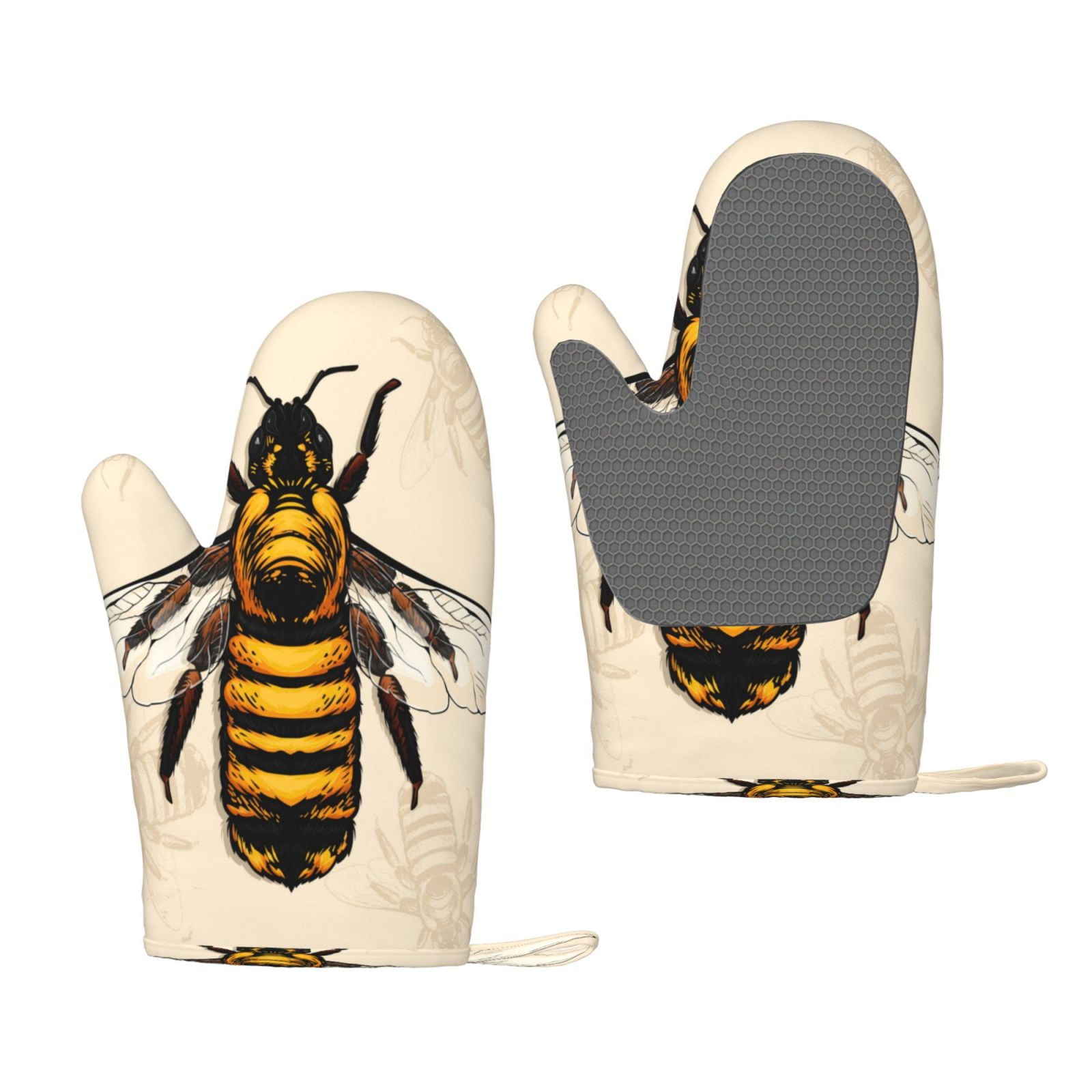 Hirioo Honey Bee for Silicone Oven Mitts for BBQ, Baking, Cooking, Set of 2, Heat Resistant 260℃, Non-Slip Kitchen Essentials