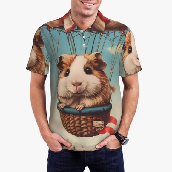 Hirioo Hot Air Balloon Guinea Pig for Men’s Polo Shirts Quick Dry Short Sleeve Golf T Shirt Performance Moisture Wicking Casual Workout,Sizes S-4XL-Large