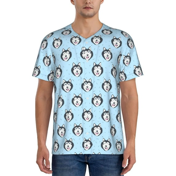 Hirioo Husky Head for Men's Baseball T-shirt Shirts Short Sleeve Casual Summer Button Stretch T Shirts,Size S-4XL-Large