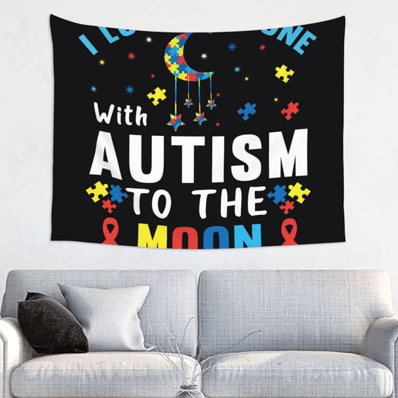 Hirioo I Love With Autism To The Moon And Back Print Tapestry Lightweight Fabric for Bedroom Aesthetic Home Wall Dorm Décor Living Room Decor 29x37 Inch