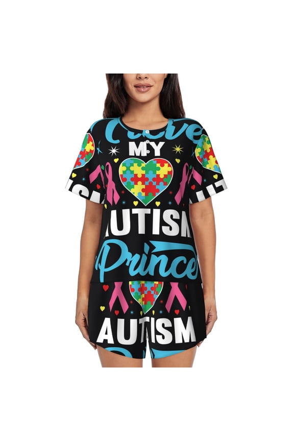 I Love My Autism for Women's 2 Piece Short-Sleeved Pajama PJ Sets for Women Shorts with Pockets Womens Lounge Set-XX-Large