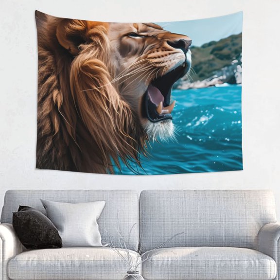 Hirioo Ice Blue Coastal Lion Print Tapestry Lightweight Fabric for Bedroom Aesthetic Home Wall Dorm Décor Living Room Decor 29x37 Inch